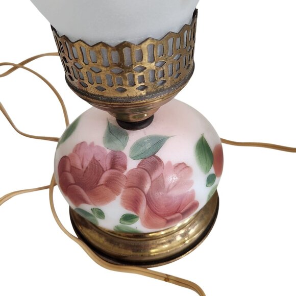 Vintage Floral Glass Hurricane Lamps With Hand-Painted Roses & Frosted Chimneys - Picture 2 of 5